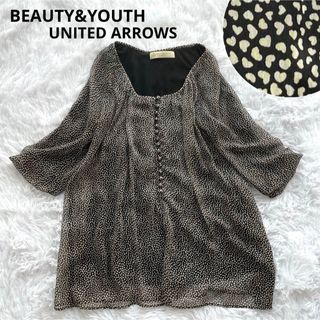 BEAUTY&YOUTH ブラウス 5分袖 黒 ドット 水玉 ハート柄 シアー