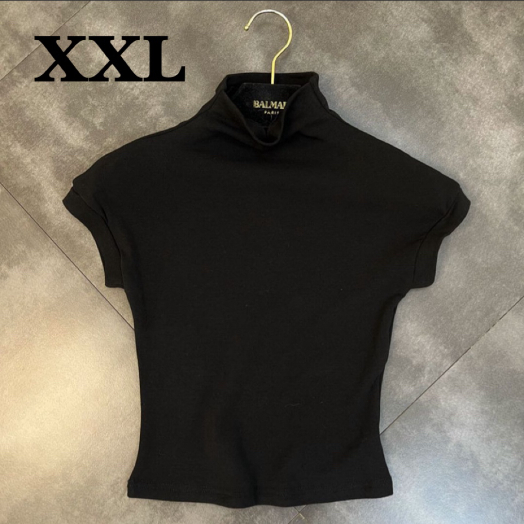 半袖Tシャツ　ハイネック　カットソー　リブニット　黒　ハイネック　コットン　男女 レディースのトップス(Tシャツ(半袖/袖なし))の商品写真