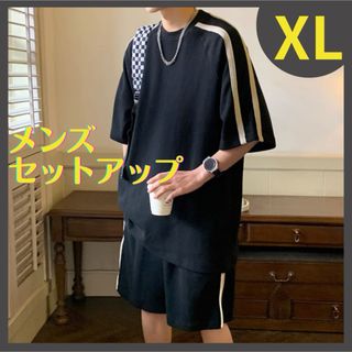 メンズ セットアップ 上下セット 半袖ハーフパンツ ブラック　XL(ショートパンツ)