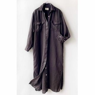 ユナイテッドアローズ(UNITED ARROWS)の美品✨アローズ　2.5万　比翼　リネン100 シャツワンピース　長袖　焦茶　38(ロングワンピース/マキシワンピース)