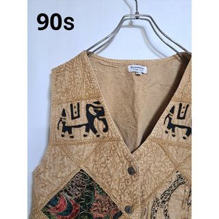 【90s】古着　ベスト　アジアン風　切り替えパターン　ムラ　シワ加工(ベスト/ジレ)