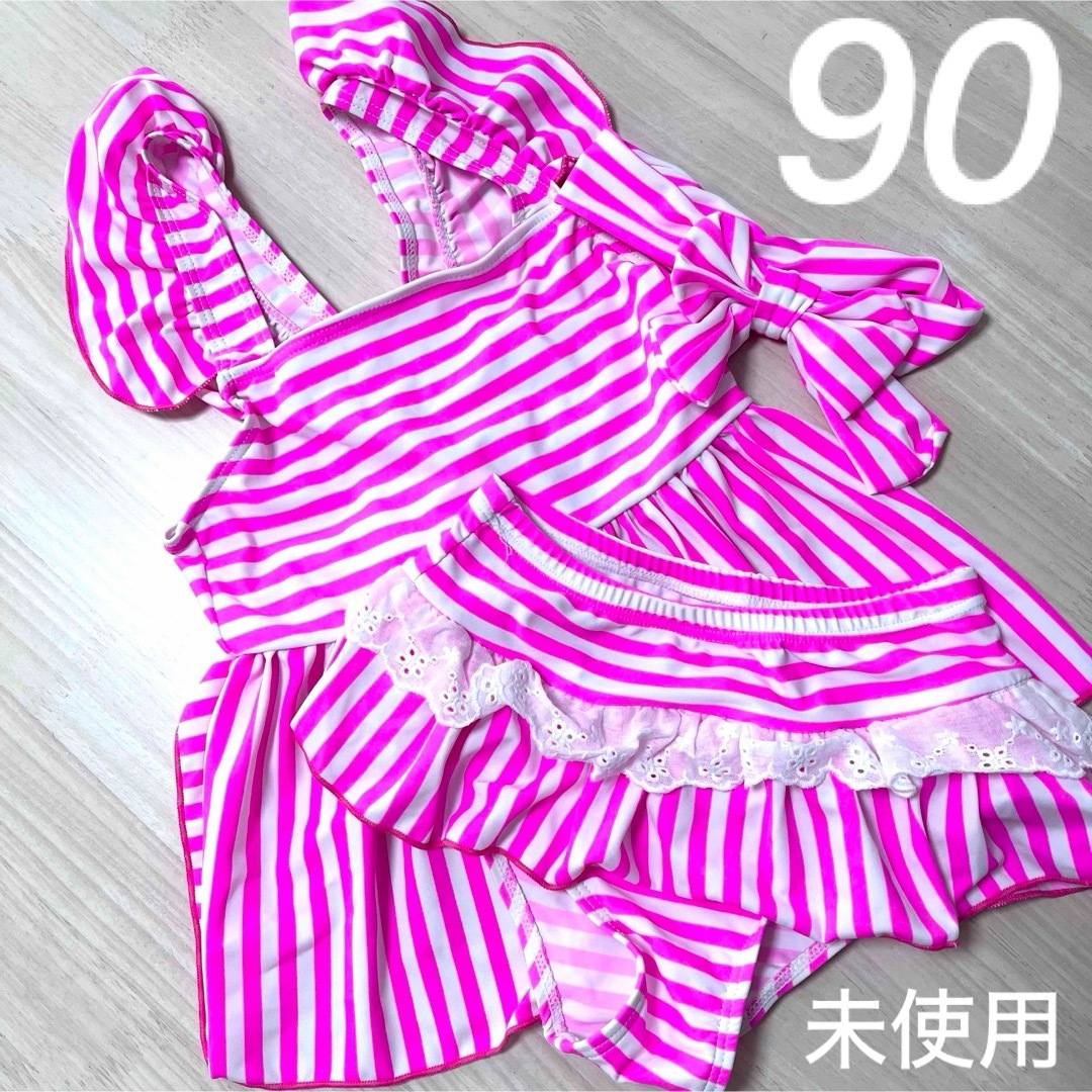 90 未使用 ベビー 女の子 未使用 ピンク タンキニ セパレート ヘアバンド キッズ/ベビー/マタニティのキッズ服女の子用(90cm~)(水着)の商品写真