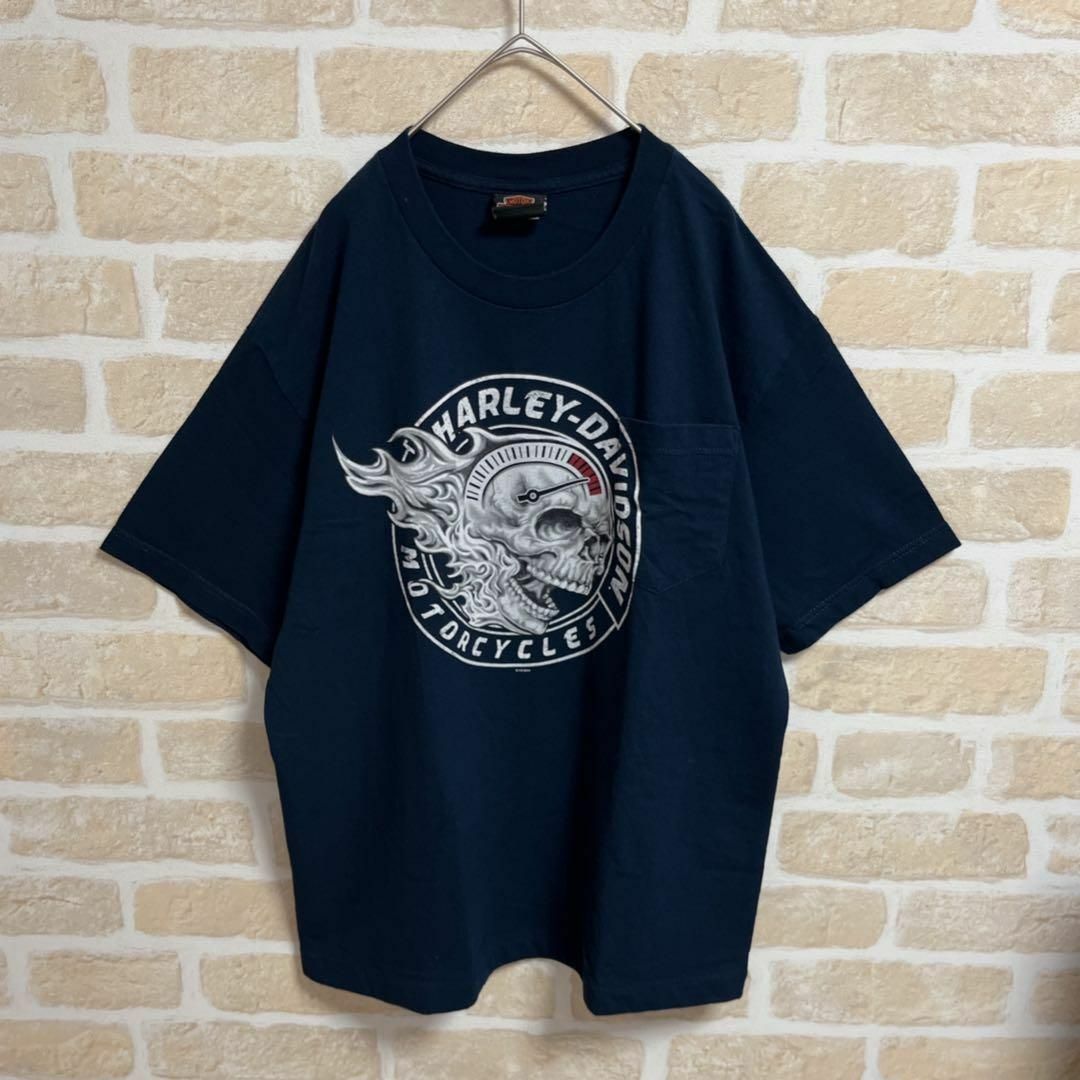 Harley Davidson(ハーレーダビッドソン)のHARLEY DAVIDSON Tシャツ スカル ネイビー ポケット L メンズのトップス(Tシャツ/カットソー(半袖/袖なし))の商品写真