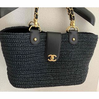 CHANEL - シャネル　チェーンカゴトートバッグ　ラフィア　ダークネイビー　伊勢丹購入品