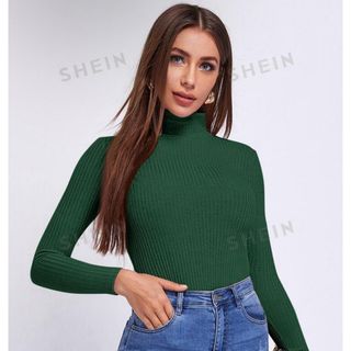 シーイン(SHEIN)のSHEIN シーイン 無地柄 伸縮性 リブニットTシャツ 緑 グリーン XL(ニット/セーター)