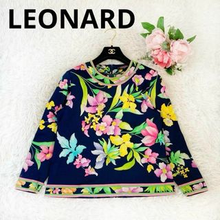 レオナール(LEONARD)のLEONARDレオナール カットソー 長袖 コットン フラワートリム ネイビー(カットソー(長袖/七分))