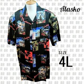 新品　【Alasko】　４Ｌ　ブラック　レーヨン　アロハシャツ　ワイキキ柄(シャツ)