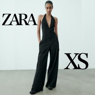 ザラ(ZARA)のZARA ホルターネックストライプジャンプスーツXSオールインワンサロペットD(サロペット/オーバーオール)