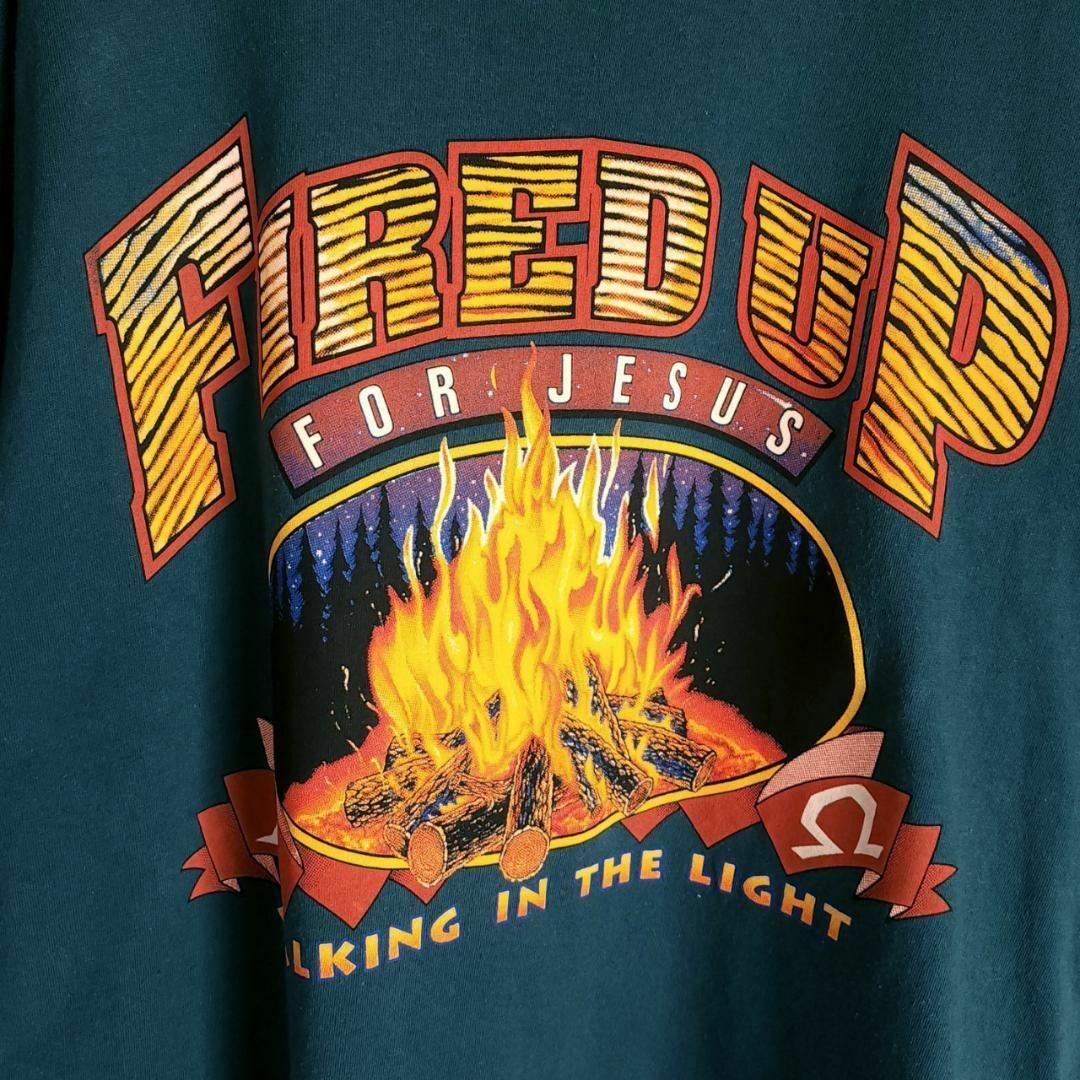 Lサイズ相当/FIRED UP 焚き火 プリント 半袖Tシャツ 緑(グリーン)系 メンズのトップス(Tシャツ/カットソー(半袖/袖なし))の商品写真