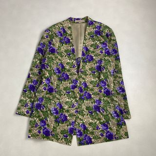 ヴィンテージ　ノーカラージャケット　花柄　しわ加工　上品　11サイズ　紫　緑(ノーカラージャケット)