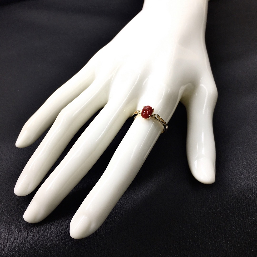 K18 血赤珊瑚 シンプルダイヤリング　13号　0.89ct レディースのアクセサリー(リング(指輪))の商品写真