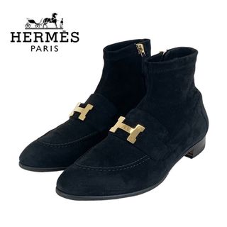 エルメス(Hermes)のエルメス HERMES サントレーノ ブーツ ショートブーツ 靴 シューズ スエード ブラック ゴールド H金具(ブーツ)