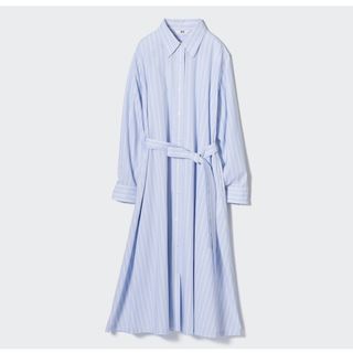 ユニクロ(UNIQLO)のストライプコットンAラインシャツワンピース（長袖・標準丈・110～121cm）(ロングワンピース/マキシワンピース)