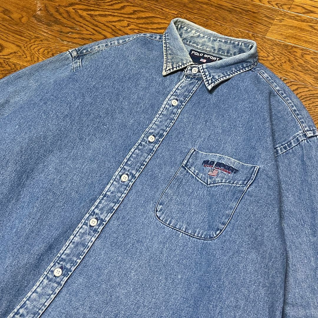 POLO RALPH LAUREN(ポロラルフローレン)の90s POLO SPORT ポロスポーツ デニムシャツ 刺繍ロゴ XL メンズのトップス(Tシャツ/カットソー(七分/長袖))の商品写真