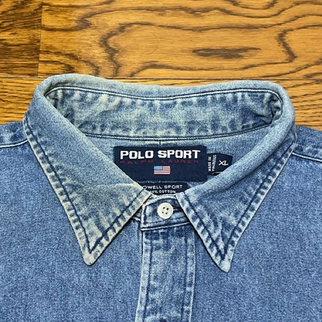 POLO RALPH LAUREN(ポロラルフローレン)の90s POLO SPORT ポロスポーツ デニムシャツ 刺繍ロゴ XL メンズのトップス(Tシャツ/カットソー(七分/長袖))の商品写真