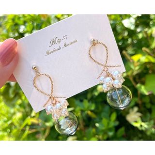 大人可愛い♡ジャラジャラパール×ガラスボール♡ピアス♡イヤリングに変更出来ます！(ピアス)