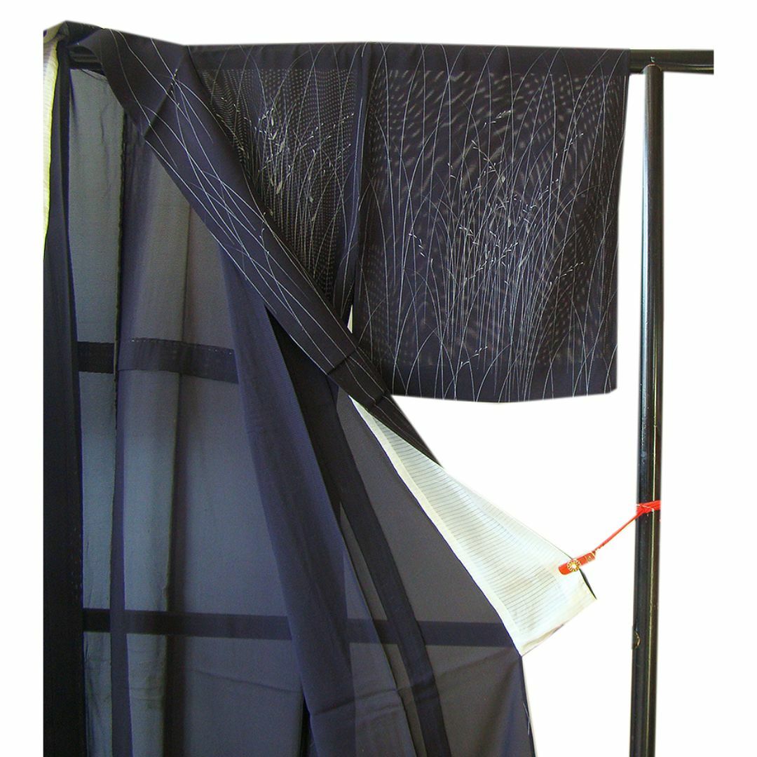 「縁」154ｃｍ～160ｃｍ 夏物 駒絽 紫黒色 訪問着 正絹 Ｉ８２７ レディースの水着/浴衣(着物)の商品写真