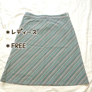 【レディース】FREE：膝丈 台形スケート (グレー・斜めストライプ)(ひざ丈スカート)