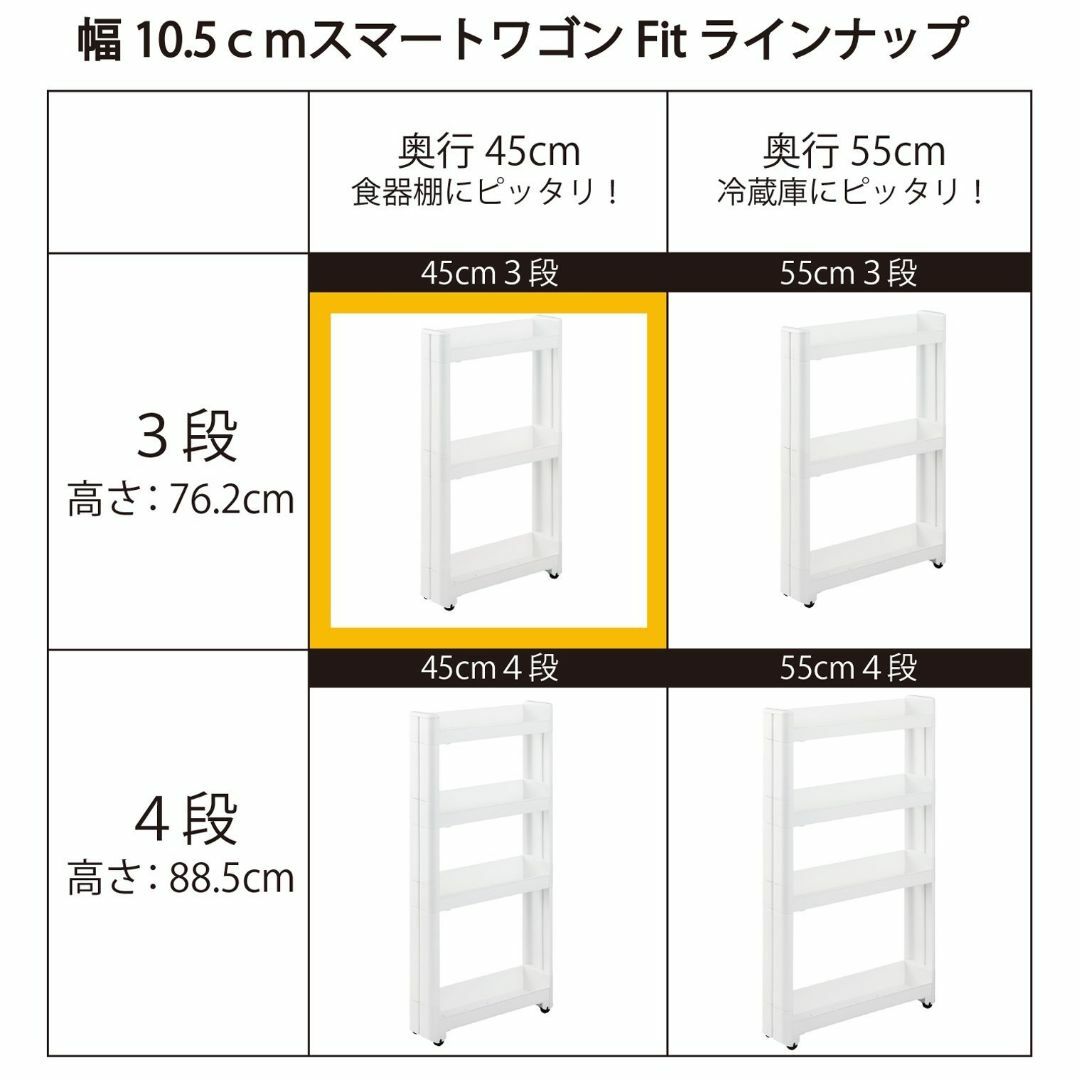 不動技研 スマートワゴン Fit W100 45-3段 約幅10.5×奥行45× インテリア/住まい/日用品のキッチン/食器(その他)の商品写真