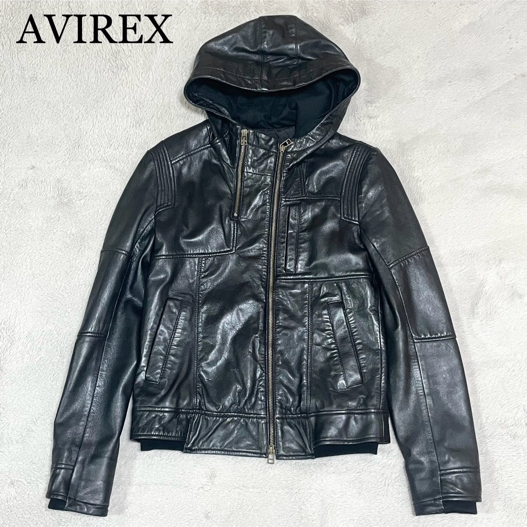 AVIREX(アヴィレックス)の【良品】AVIREX　ライダース　レザージャケット　ラムレザー　羊革　フード付き レディースのジャケット/アウター(ライダースジャケット)の商品写真