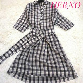 ヘルノ(HERNO)の✨美品✨　ヘルノ　チェック　シャツワンピース　ベルト　ロング　Aライン 　薄手(ロングワンピース/マキシワンピース)