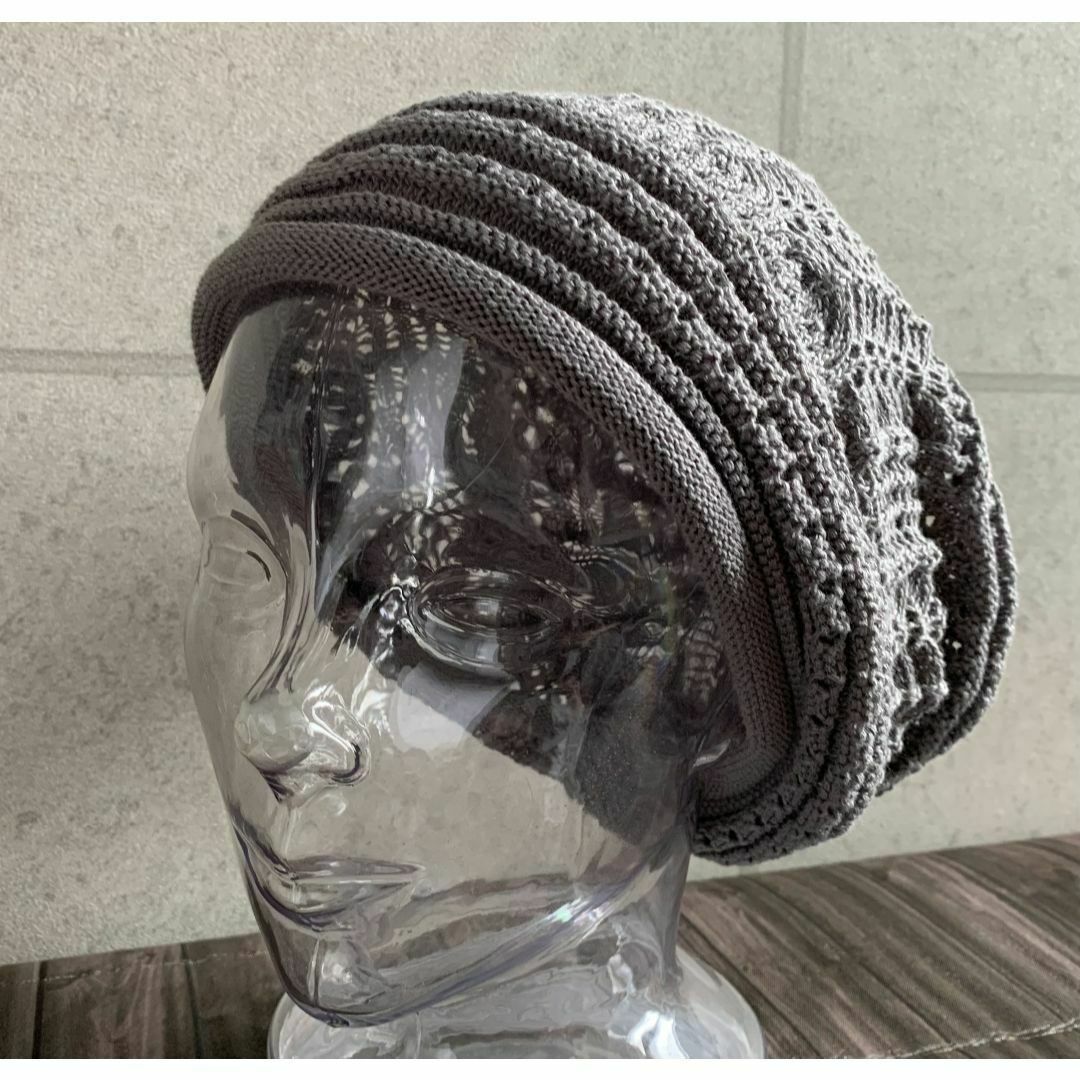 送料込 新品 ざっくり 透かし 模様編み ニット帽 ワッチ ビーニー 男女 Gy レディースの帽子(ニット帽/ビーニー)の商品写真