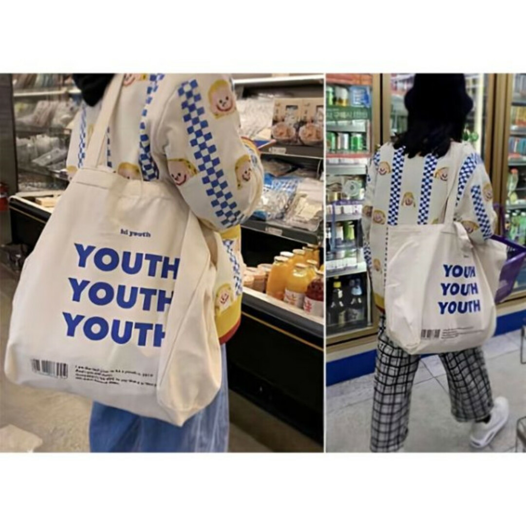 youth ロゴ トートバッグ ビッグサイズ キャンバス 大容量 きなり 白 レディースのバッグ(トートバッグ)の商品写真