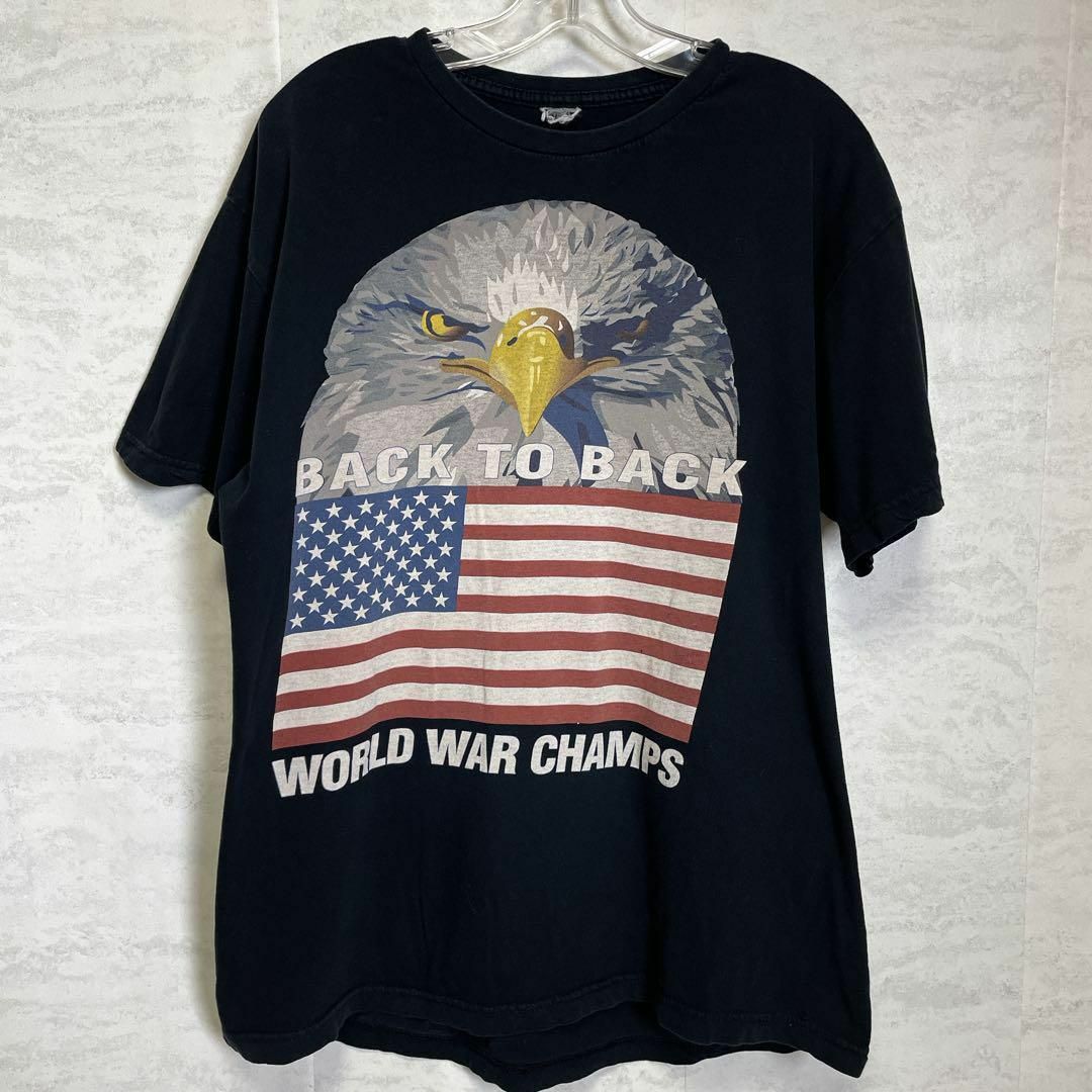 半袖Ｔシャツ　サイズＸＬ　黒ブラック　アメリカ国旗ロゴ　　アニマル　白頭鷲　古着 メンズのトップス(Tシャツ/カットソー(半袖/袖なし))の商品写真