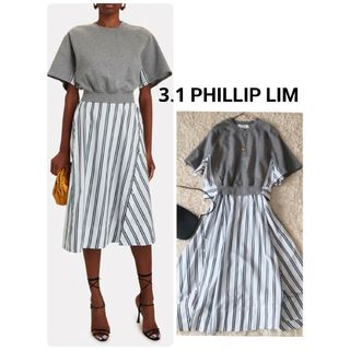 スリーワンフィリップリム(3.1 Phillip Lim)の極美品 3.1フィリップリム 異素材ドッキングワンピース ストライプ スウェット(ロングワンピース/マキシワンピース)