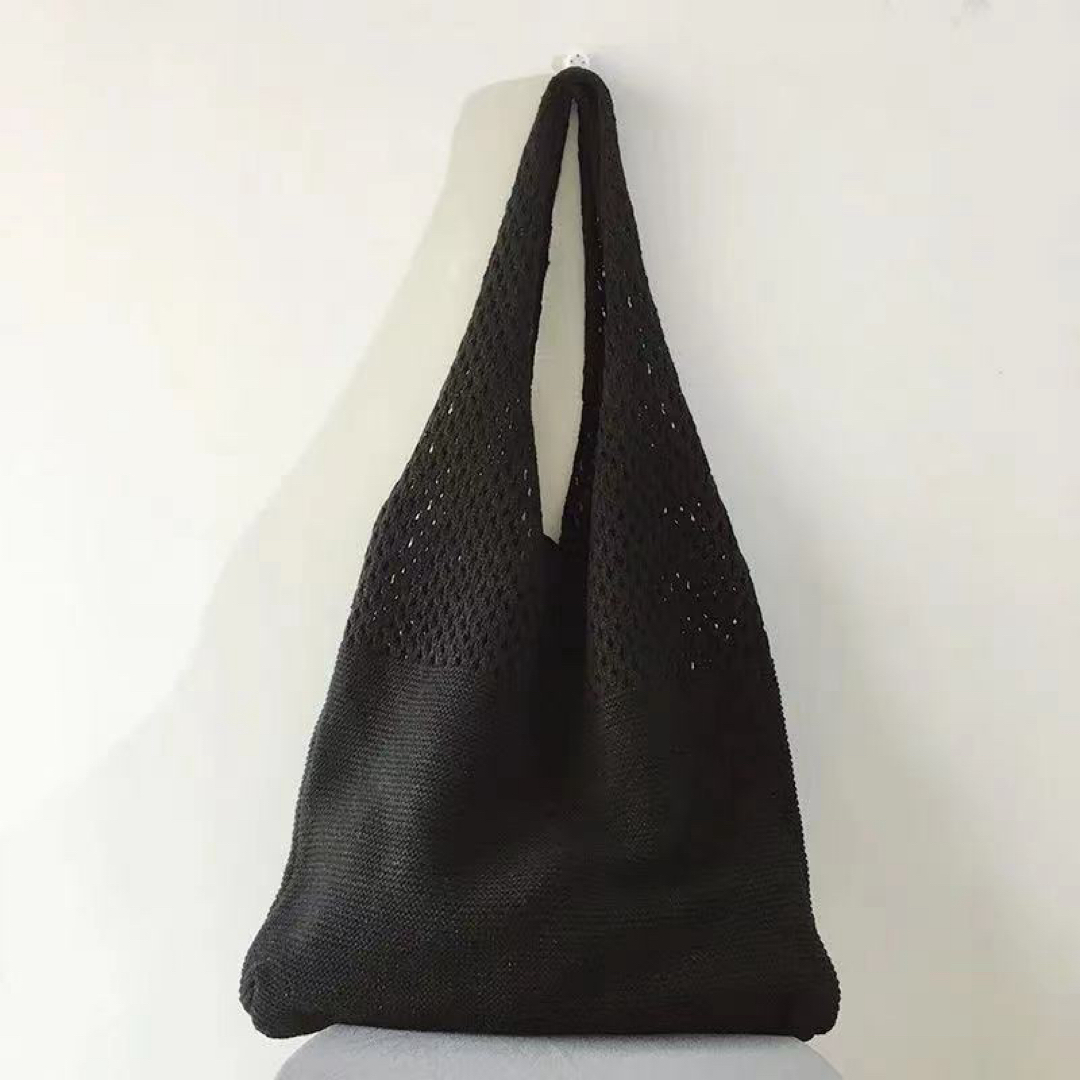 トートバッグ 編み込み クロシェ編み ニット エコバッグ メッシュ ブラック レディースのバッグ(エコバッグ)の商品写真
