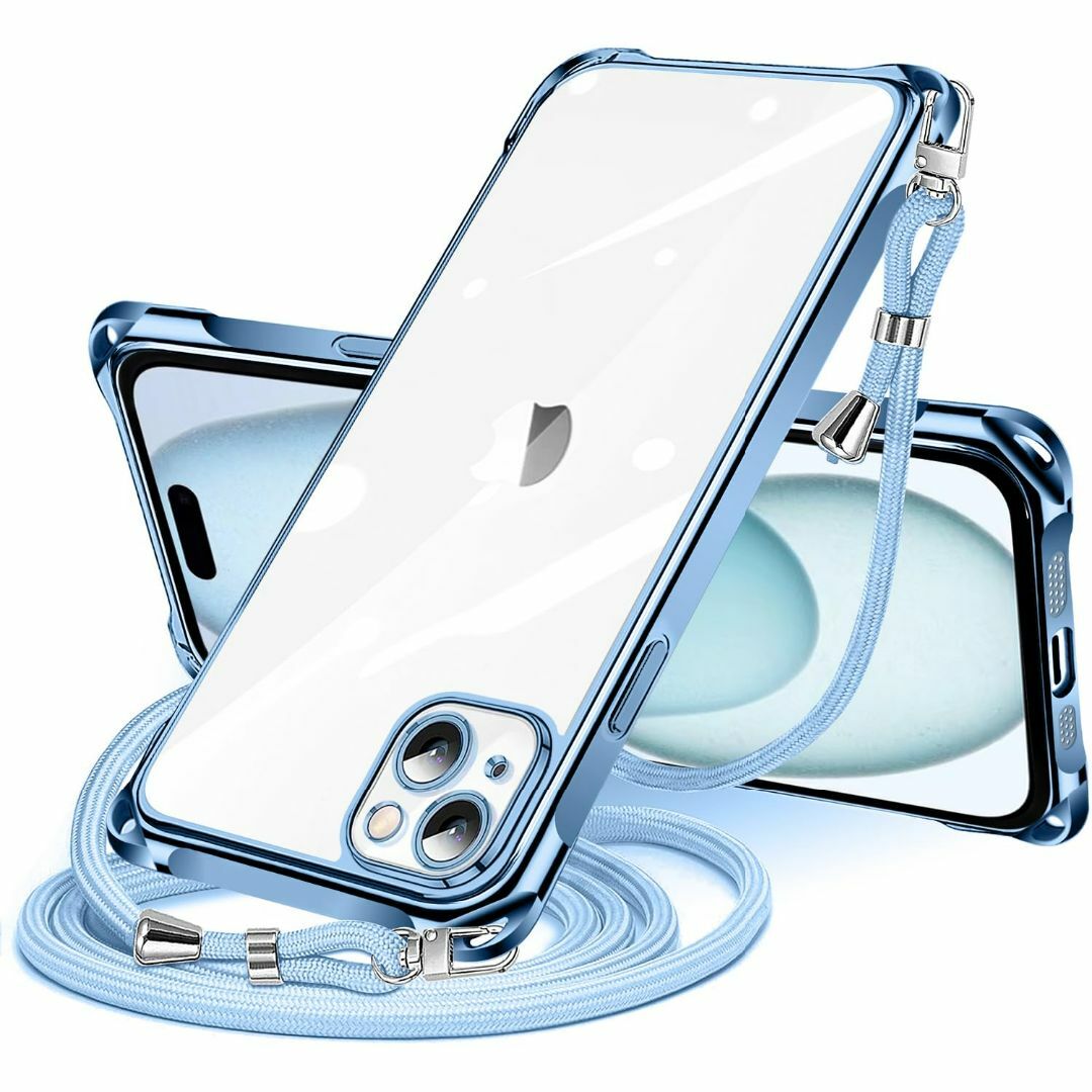 【色: ブルー】iPhone 15 用 ケース クリア ショルダー iPhone スマホ/家電/カメラのスマホアクセサリー(その他)の商品写真