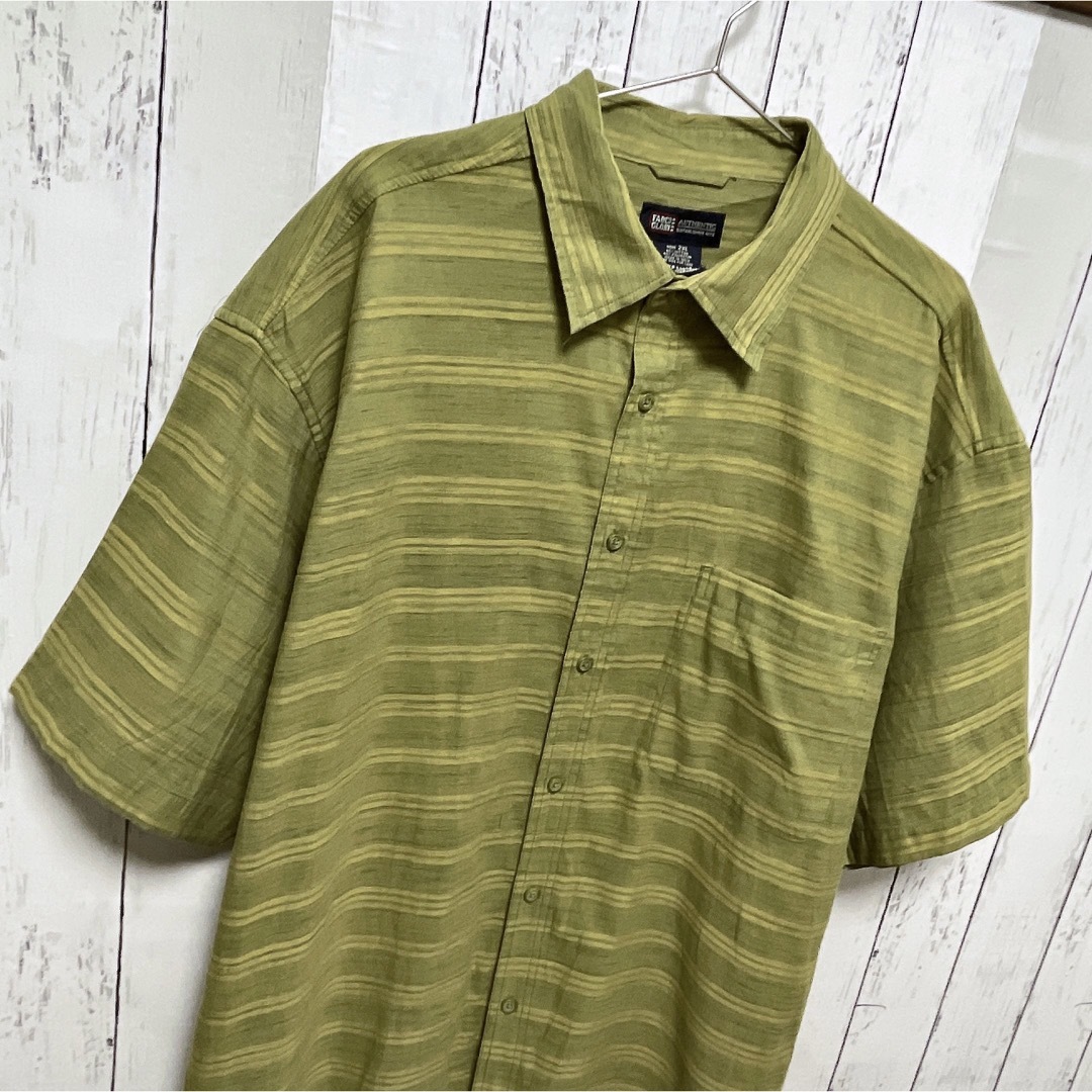 shirts(シャツ)のUSA古着　半袖シャツ　XXL　グリーン　抹茶　ボーダー　Faded Glory メンズのトップス(シャツ)の商品写真