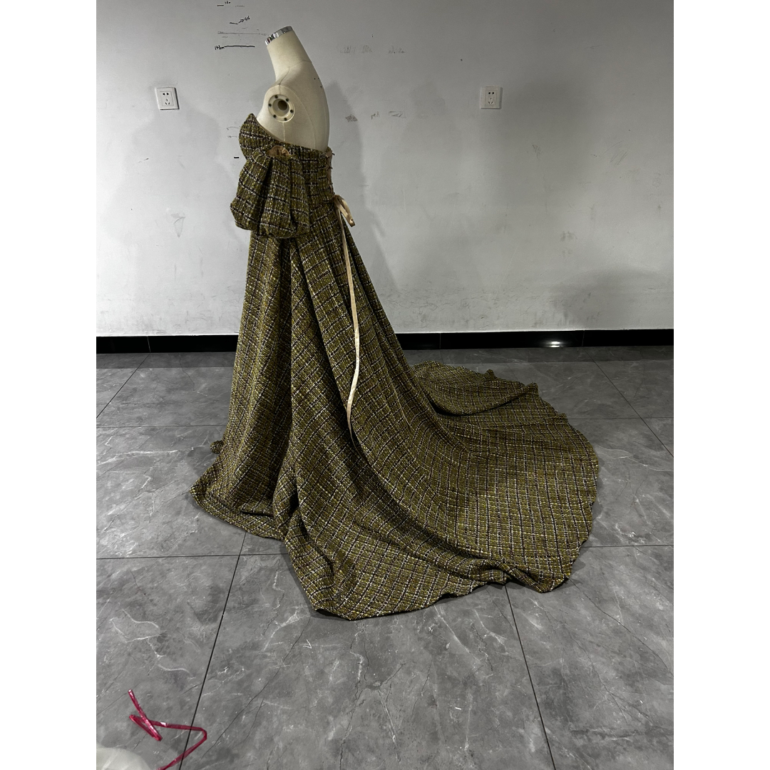 ツイードドレス キュロットスカート パフスリーブ バックレス ベージュ 二次会 レディースのフォーマル/ドレス(ウェディングドレス)の商品写真