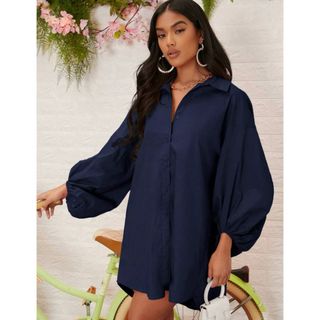 シーイン(SHEIN)のSHEIN Essnce ランタンスリーブ ボタンフロント シャツドレス(ミニワンピース)