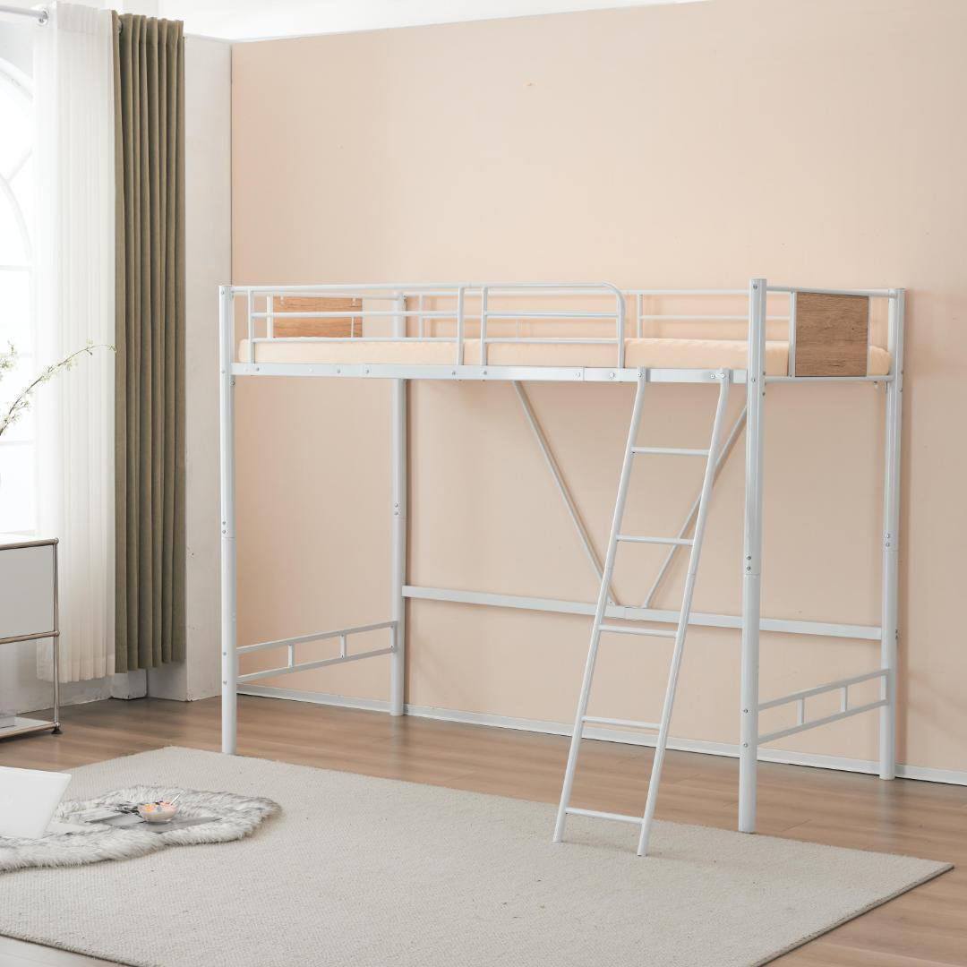 新品】ホワイトロフトベッドパイプベッドシングル木収納スチール 新品】ホワイトロフトベッドパイプベッドシングル木収納スチール
