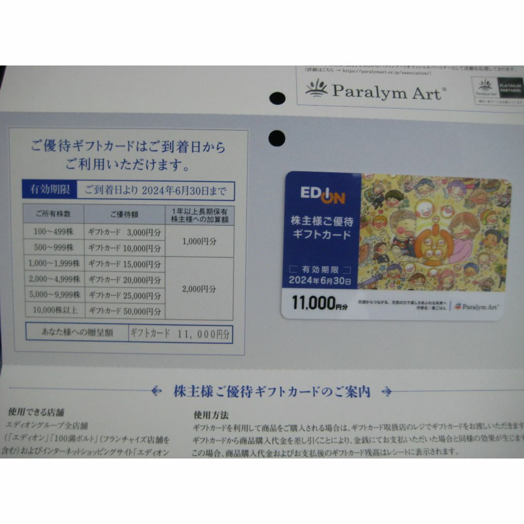 ☆匿名配送　エディオン　株主優待　ギフトカード　11,000円分 チケットの優待券/割引券(ショッピング)の商品写真