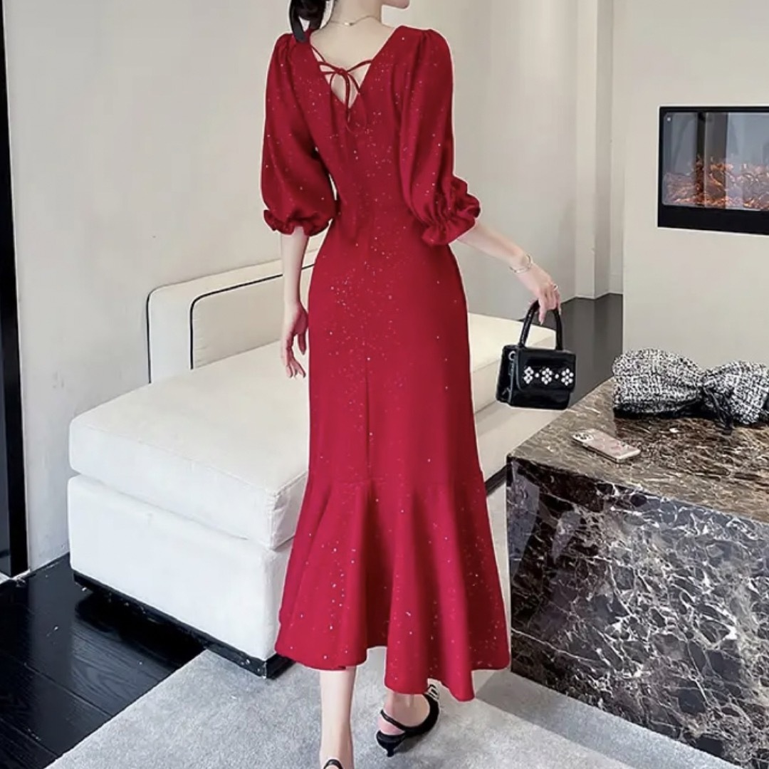 eimy istoire(エイミーイストワール)のワンピース ドレス 赤 レッド ラメ マーメイド ワンピ スカート 可愛い 上品 レディースのワンピース(ひざ丈ワンピース)の商品写真