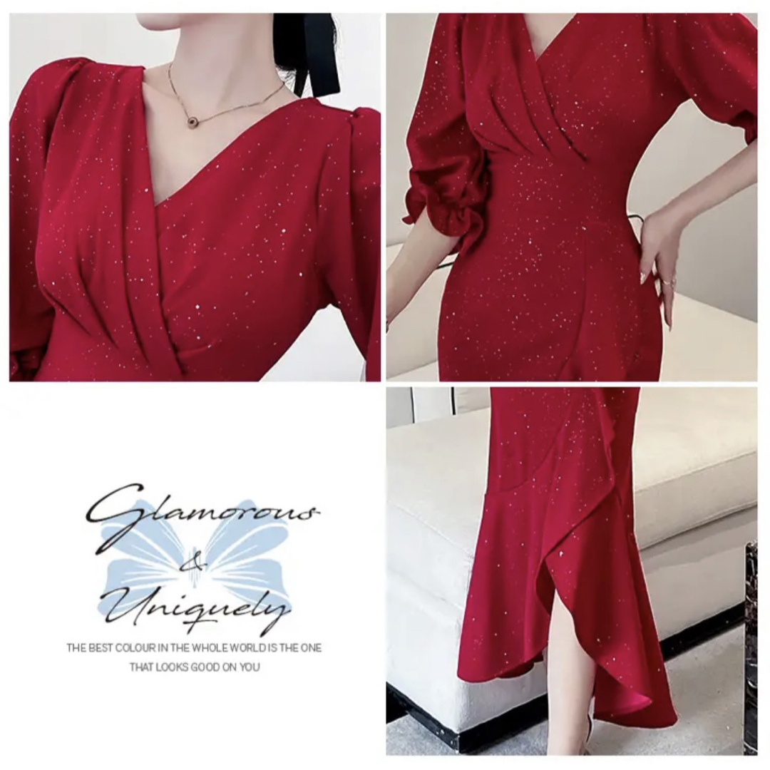 eimy istoire(エイミーイストワール)のワンピース ドレス 赤 レッド ラメ マーメイド ワンピ スカート 可愛い 上品 レディースのワンピース(ひざ丈ワンピース)の商品写真