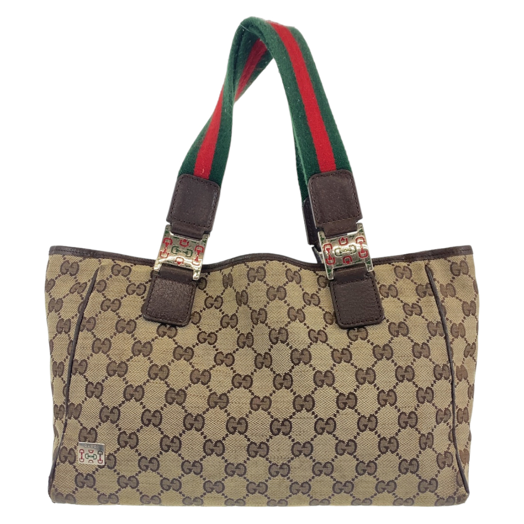 Gucci(グッチ)のGUCCI グッチ シェリーライン ベージュ ブラウン 茶 レッド 赤 グリーン 緑 GGキャンバス 145810 ハンドバッグ トートバッグ レディース 405830 【中古】 レディースのバッグ(ハンドバッグ)の商品写真