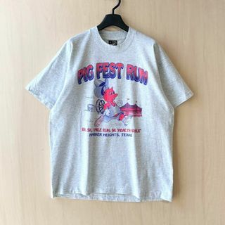 フルーツオブザルーム(FRUIT OF THE LOOM)の90s USA製古着　ヴィンテージ　イベントTシャツ　豚さん　キャラ　霜降り(Tシャツ/カットソー(半袖/袖なし))