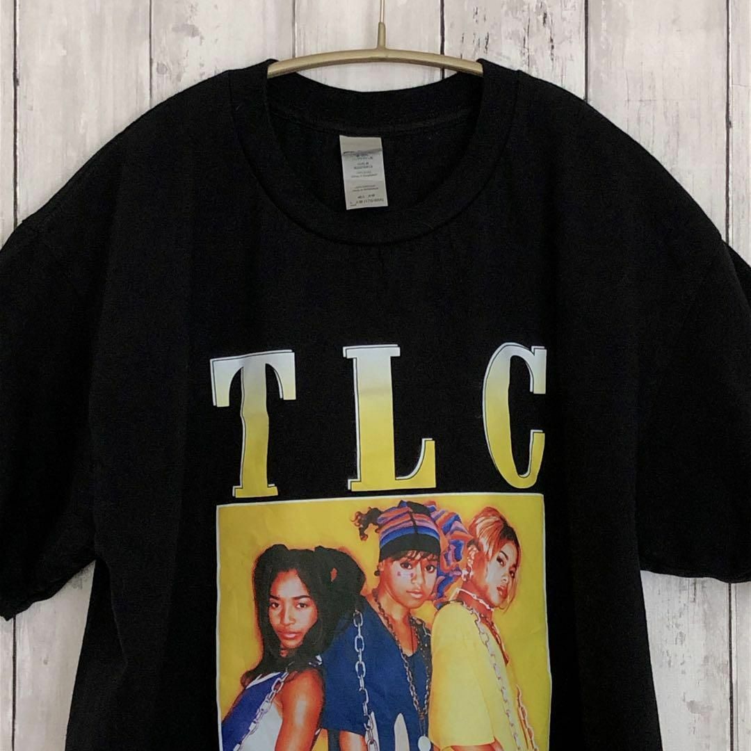 MUSIC TEE(ミュージックティー)のTLC　半袖Ｔシャツ　サイズＬ　黒ブラック　100％コットン　音楽物　メンズ古着 メンズのトップス(Tシャツ/カットソー(半袖/袖なし))の商品写真