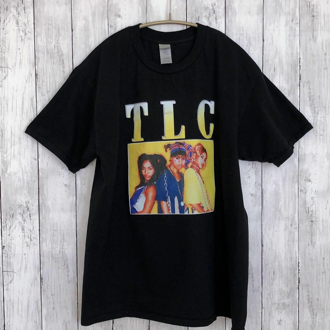 MUSIC TEE(ミュージックティー)のTLC　半袖Ｔシャツ　サイズＬ　黒ブラック　100％コットン　音楽物　メンズ古着 メンズのトップス(Tシャツ/カットソー(半袖/袖なし))の商品写真