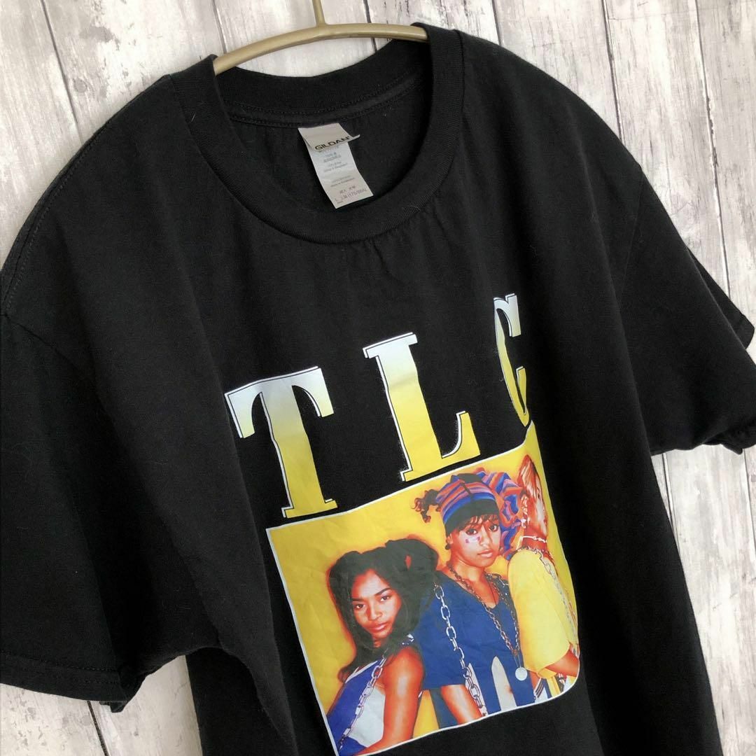 MUSIC TEE(ミュージックティー)のTLC　半袖Ｔシャツ　サイズＬ　黒ブラック　100％コットン　音楽物　メンズ古着 メンズのトップス(Tシャツ/カットソー(半袖/袖なし))の商品写真