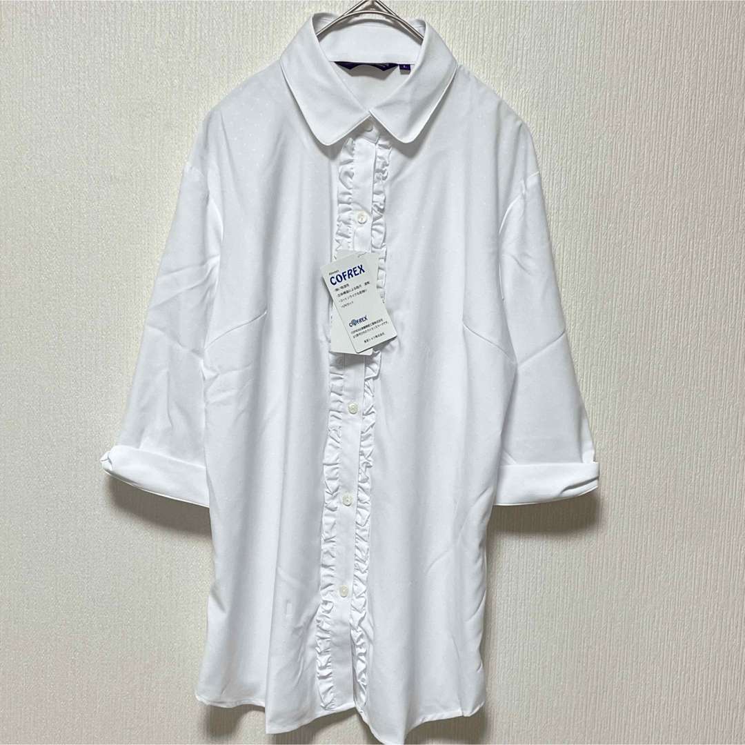 BRICK HOUSE by Tokyo Shirts(ブリックハウスバイトウキョウシャツ)の未使用　ブリックハウス　フリル五分袖シャツ　Lサイズ レディースのトップス(シャツ/ブラウス(半袖/袖なし))の商品写真