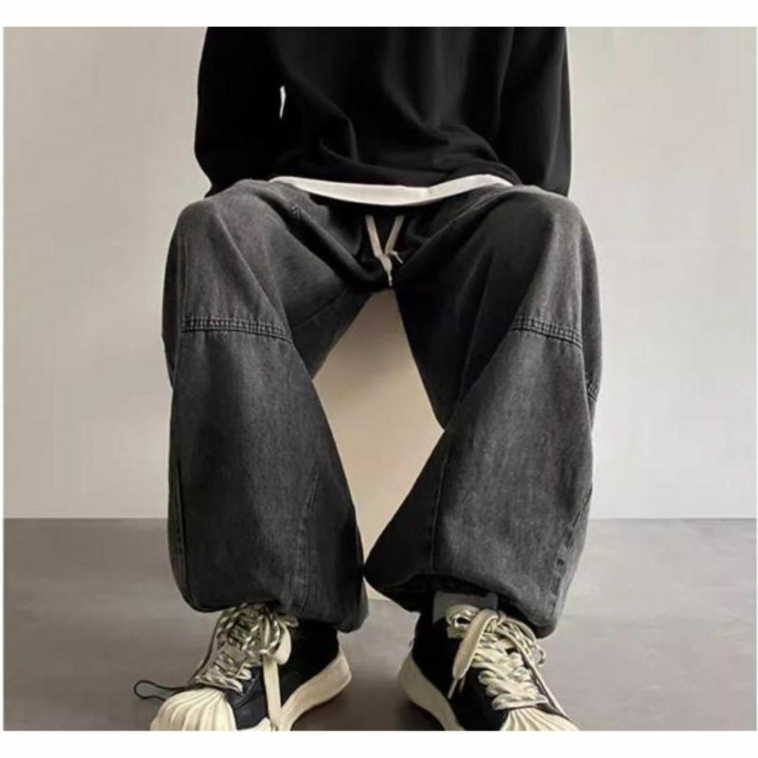 黒デニム カーゴパンツ ユニセックス ワイドパンツ L メンズのパンツ(ワークパンツ/カーゴパンツ)の商品写真