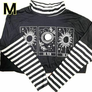 【レディース M】 長袖Tシャツ ヘソ出し 丈短め サブカル ボーダー ネイビー(シャツ/ブラウス(長袖/七分))