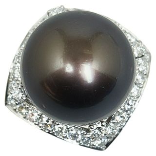 美品 Pt900 プラチナ リング 指輪 黒蝶真珠 14.4mm ダイヤ 0.78ct 【1-0149628】(リング(指輪))