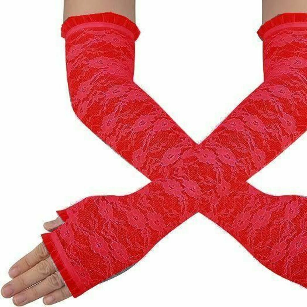 赤色　レース　花柄　アームカバー　アームウォーマー　指なし　手袋　日焼け止め レディースのファッション小物(手袋)の商品写真