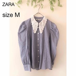 ♡ZARA♡レディース ブラウス シャツ ストライプ 襟レース パフスリーブ