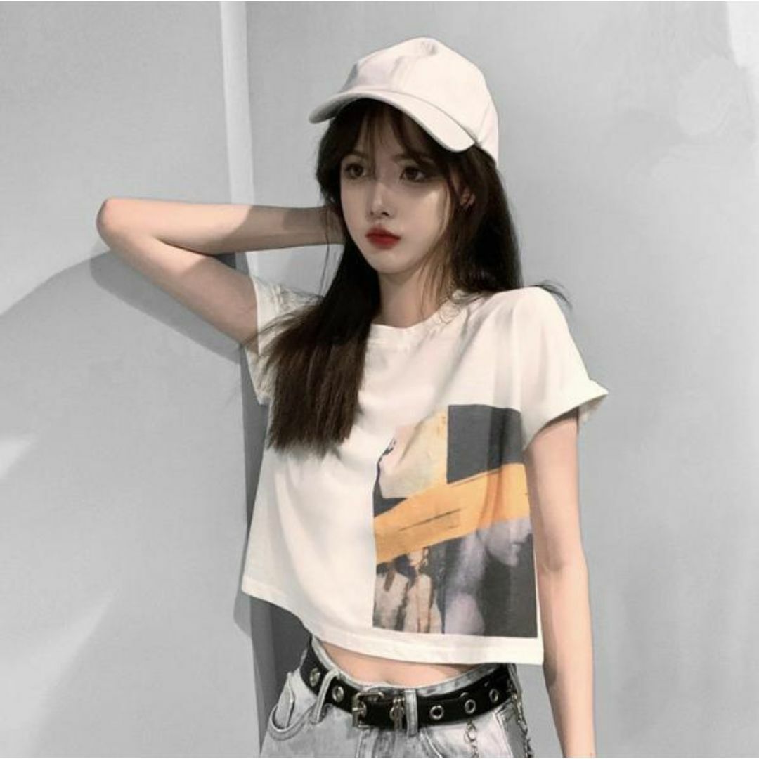 ショート丈 プリント Tシャツ XL 韓国 オルチャン ストリート ホワイト レディースのトップス(Tシャツ(半袖/袖なし))の商品写真